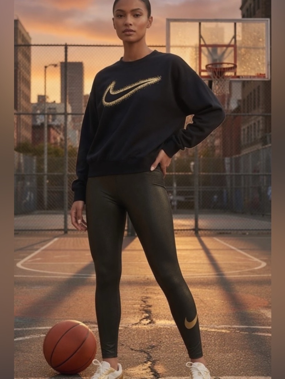 Nike Dri Fit Gold Glitter Leggings And Boxy Swoosh Logo Sweatshirt 2PC Set SZ.M